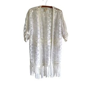 🩵Chicos 2 White Lace Top Fringe Kimono Crochet Boho Festival Cottagecore Large